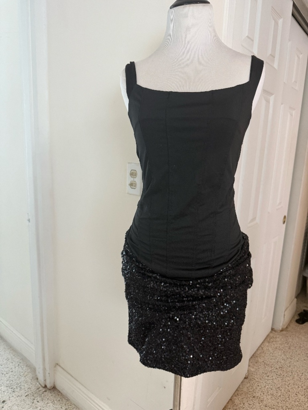 Black Sequin Mini Dress | Satin Bodice Party Dress | Evening Cocktail Dress | Si - Picture 4 of 5
